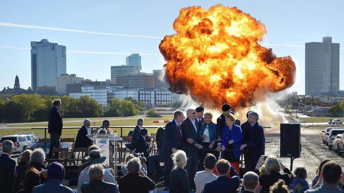 Dignitaries including Fort Worth Mayor Betsy Price attended the kickoff of Panther Island bridge construction in 2014. The $1.14 billion project is years behind schedule and there are questions about whether it will receive the federal funding it needs.